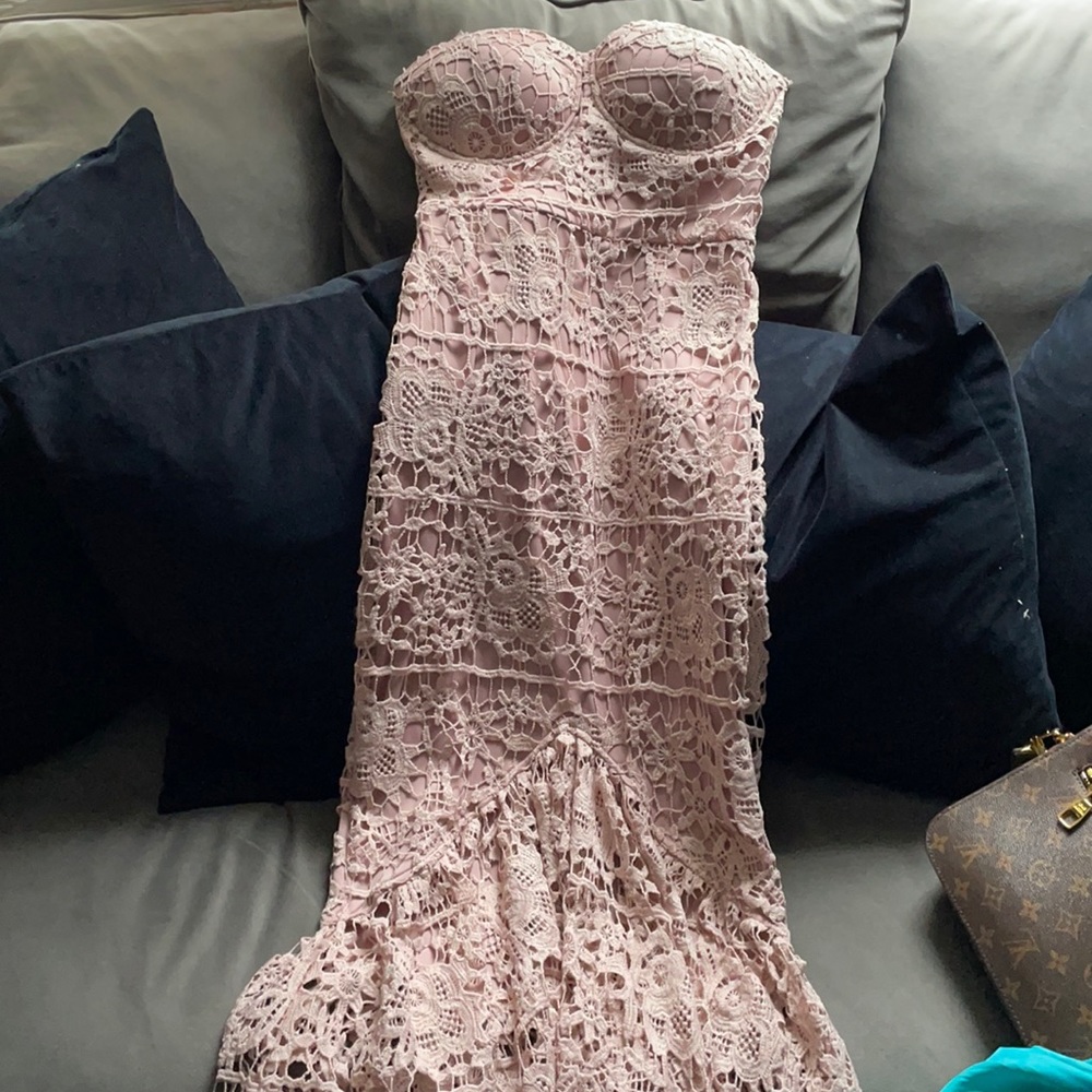 Blush pink strapless lace dress
